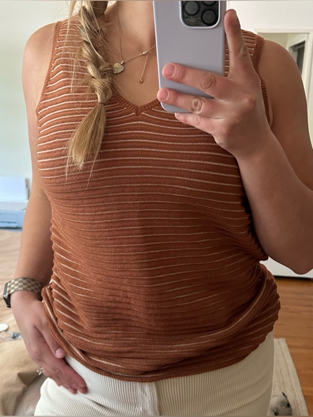 Wishlist brown and Cream Striped Ribbed V-Neck Tank size small